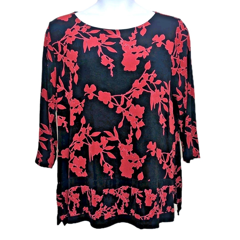 Chico's Travelers Tunic Top Size 3 XL Red Black Floral Wrinkle Resistant Blouse